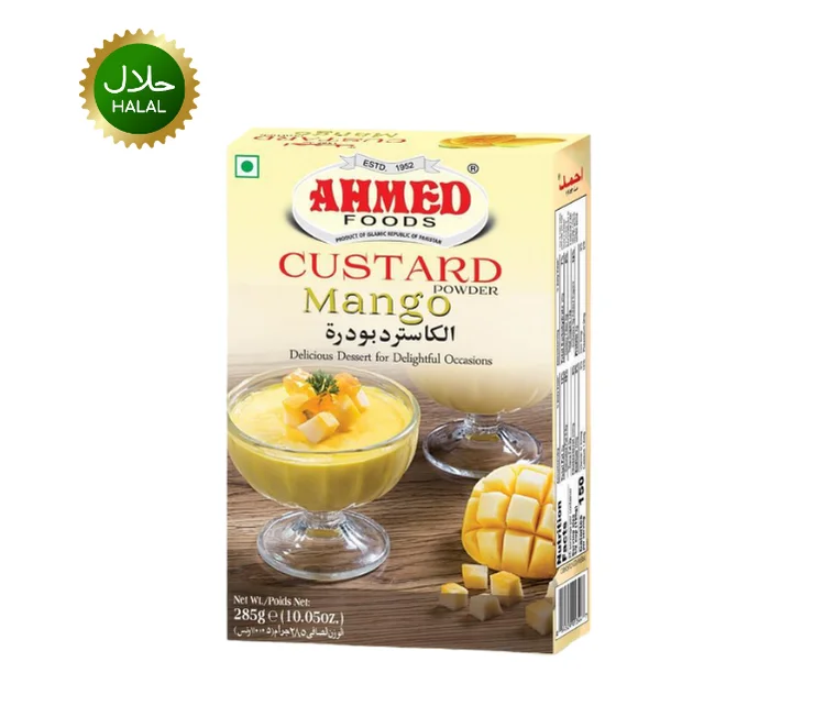 Ahmed Mango Custard Powder 285g pack used for making creamy mango flavored dessert in bowl